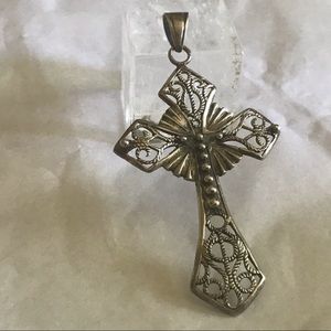 Large Open Work Heart Sterling Cross Pendant